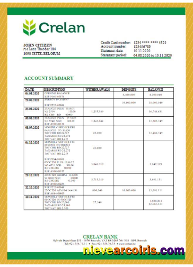 Belgium Crelan bank statement in Word and PDF format